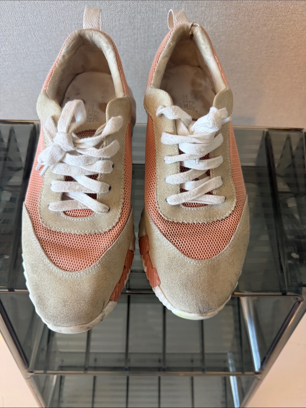 Women’s Suede & Mesh Runner Sneakers in Peach and Beige